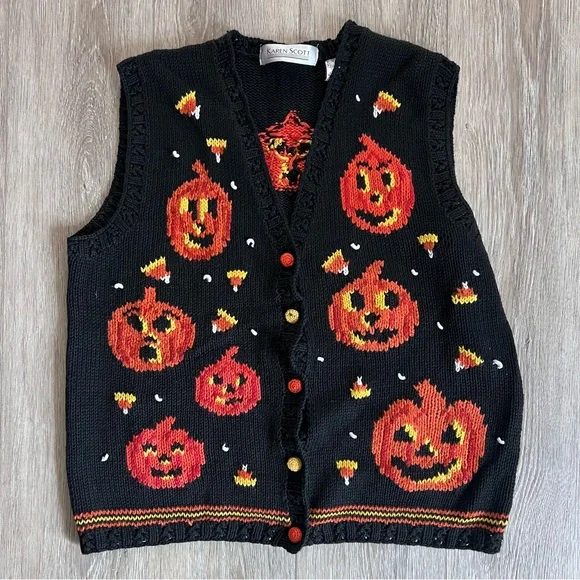 Vintage Halloween Sweater Vest Black Orange Pumpkins - Picture 1 of 13